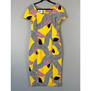 Vintage Scaasi Linen Dress Women 10 Yellow Midi Sheath Abstract Artsy Bold 80s